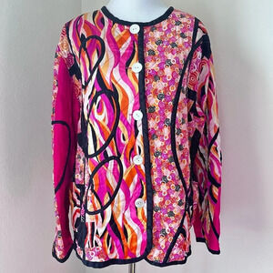 Vintage  100% Silk Jacket Reversible Women Large Abstract Black Pink